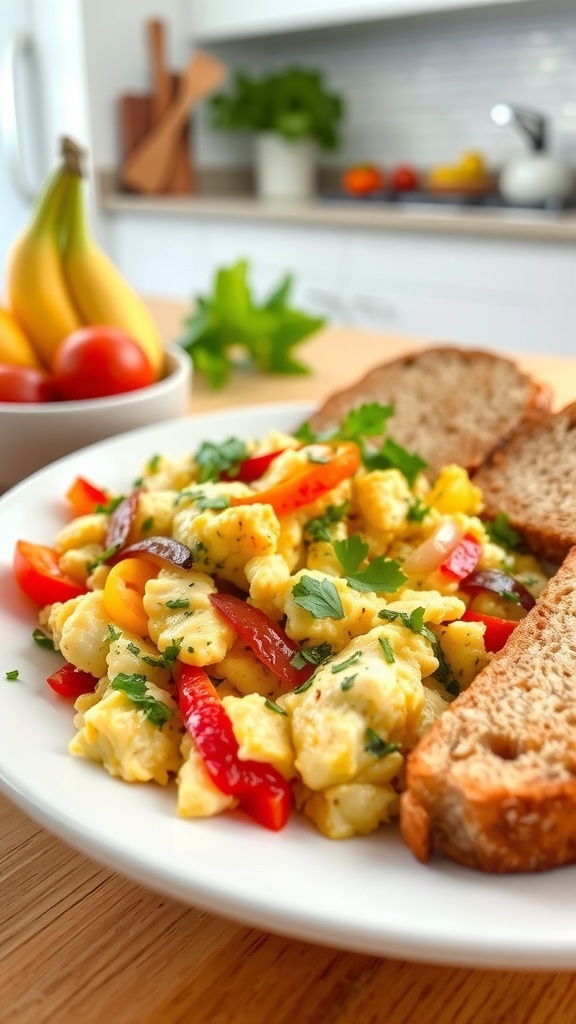 A plate of tilapia breakfast scramble with bell peppers and onions, garnished with herbs, next to whole-grain toast.